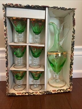 Antique Green Glass Decanter Set with Gold & Red Floral Accents NEW